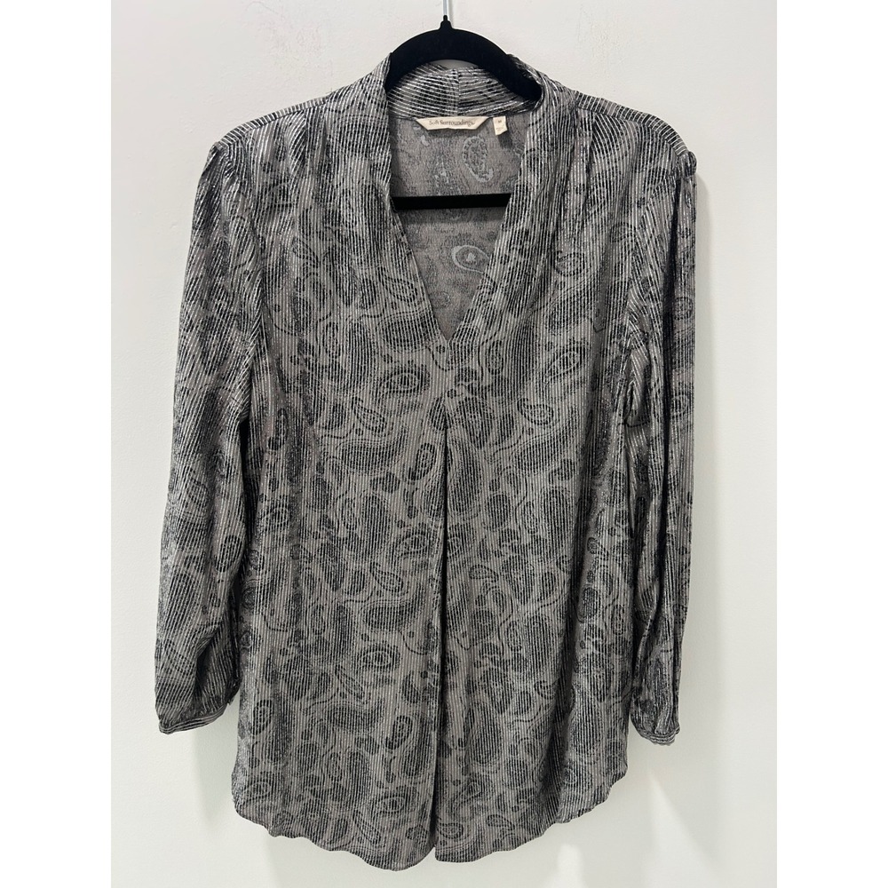 Soft Surroundings Silver Metallic Paisley V-Neck Blouse Grey Long Sleeve Medium